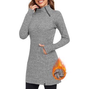 Women's Fleece Dress Running Sweatshirt Dress with Thumb Holes Pocket Zip-Grey
